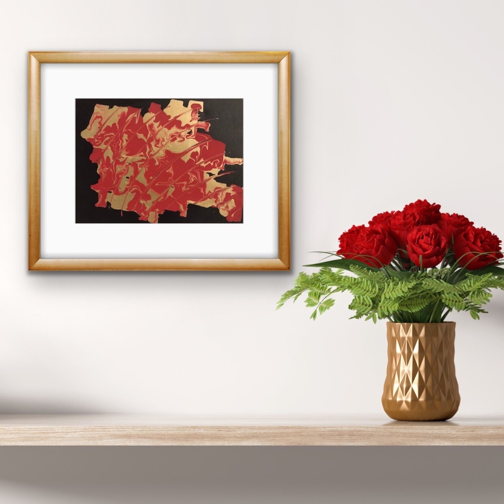 Red & gold abstract acrylic art on canvas signed by artist